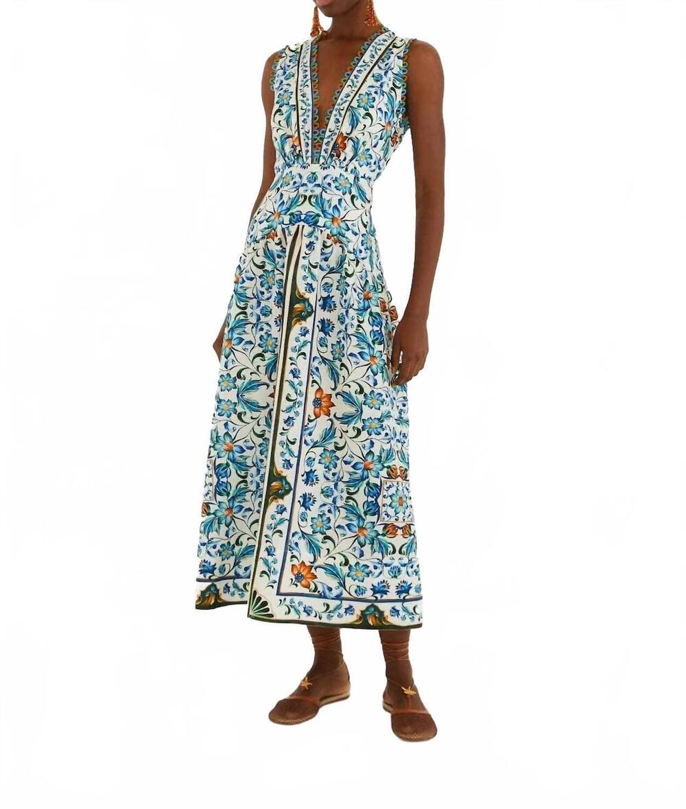 NEW FARM RIO flora tile scallop linen maxi dress in off-white